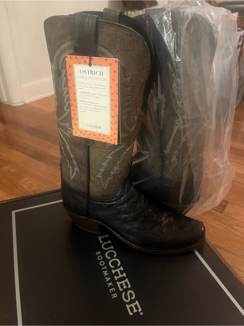 Lucchese Brown and Olive Ostrich-Textured Western Heeled Boot - Picture 6 of 9